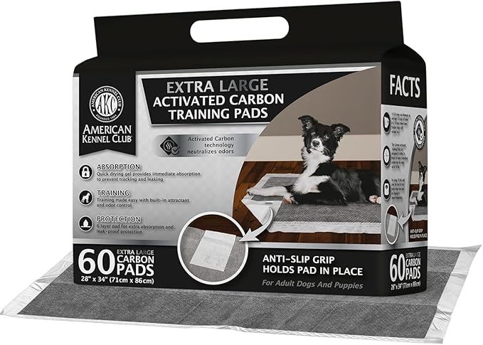 American Kennel Club Charcoal Puppy Training Pads, with Anti-Slip Adhesive Backing, Quick Dry Gel and Activated Carbon Odor Control (Charcoal, 60 Count - (XXL 28 x 34))