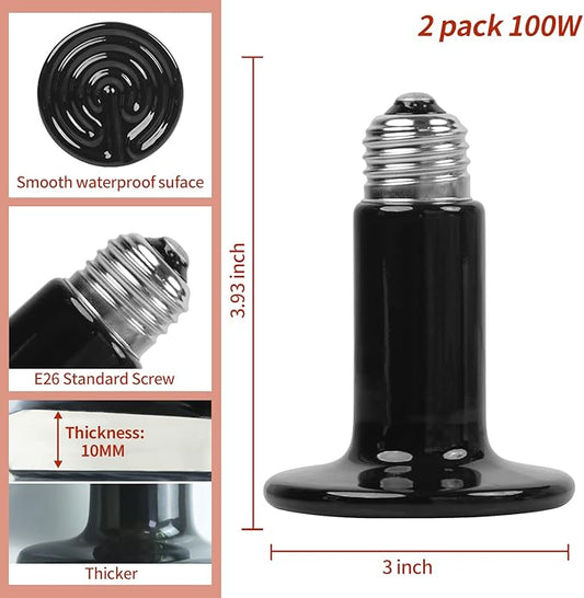 100W Ceramic Heat Emitter (2 Pack), Reptile Heat Lamp Bulbs, Ceramic Heater for Amphibian, Pet Brooder Coop, Chicken, Dog, Cat