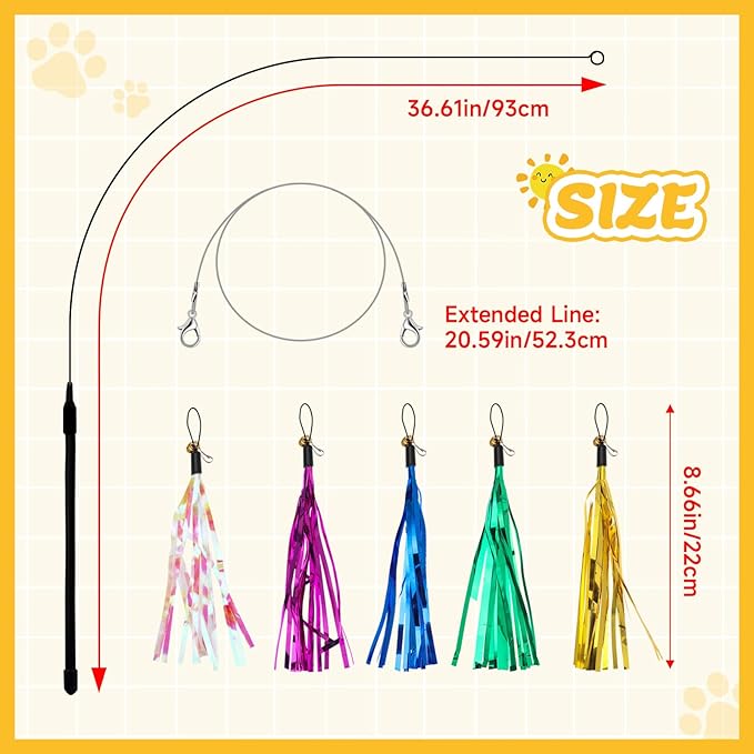 Andiker 7Pcs Cat Wand Toy, Cat Toy Set with 1 Long Steel Wand, 1 Double Headed Hook & 5 Crinkle Teaser Refills Stimulate Hunting Instincts Interactive Cat Toys for Indoor Cats and Kittens (Thick)