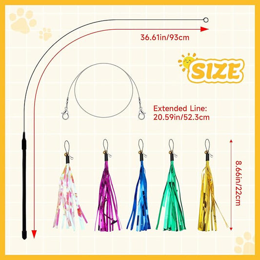Andiker 7Pcs Cat Wand Toy, Cat Toy Set with 1 Long Steel Wand, 1 Double Headed Hook & 5 Crinkle Teaser Refills Stimulate Hunting Instincts Interactive Cat Toys for Indoor Cats and Kittens (Thick)