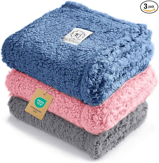 1 Pack 3 Calming Blankets Fluffy Premium Fleece Pet Blanket Soft Sherpa Throw for Dog Puppy Cat HazeBlue/Pink/Grey Large (41" x31")