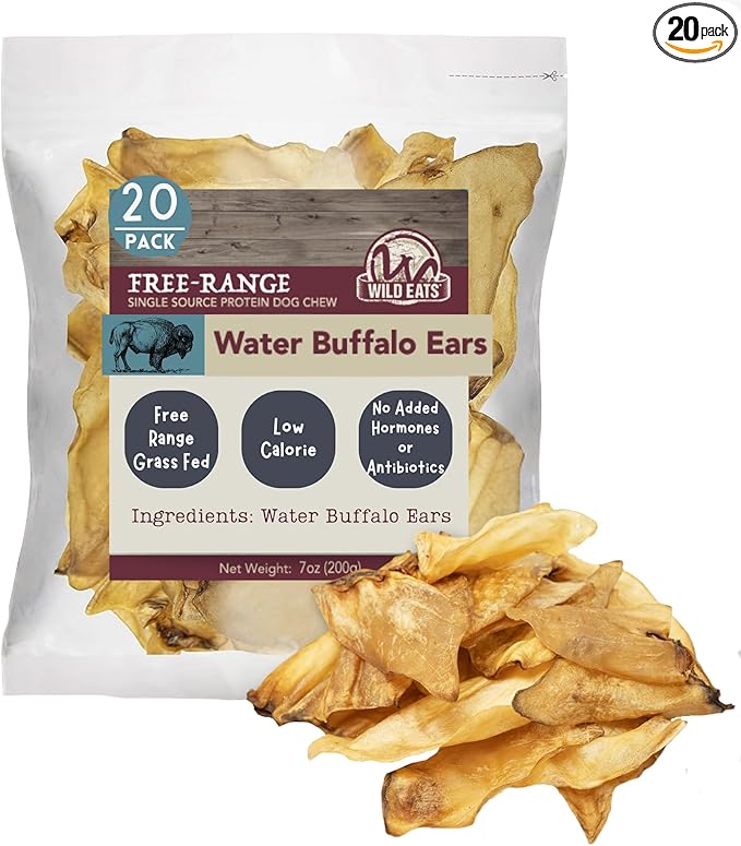 Wild Eats Water Buffalo All Natural Ear Dog Chews, Single Ingredient Dog Treats - 20 Count (Grain Free Treats - Great Alternative to Pig Ears, Cow Ears, Bones & Rawhides)