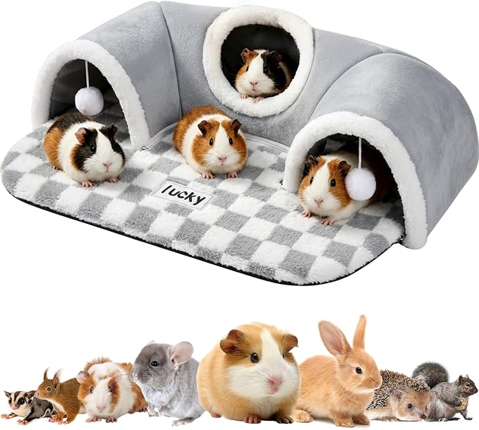 Extra Large Guinea Pig Hideout Tunnel, 3-Cave Small Animal Tunnel for Play Tube Toys Mat, Pet Tunnel for Dwarf Rabbits Bunny Chinchillas Hamsters Hedgehogs Ferrets,Grey, 22.05" × 16.14"× 5.51"