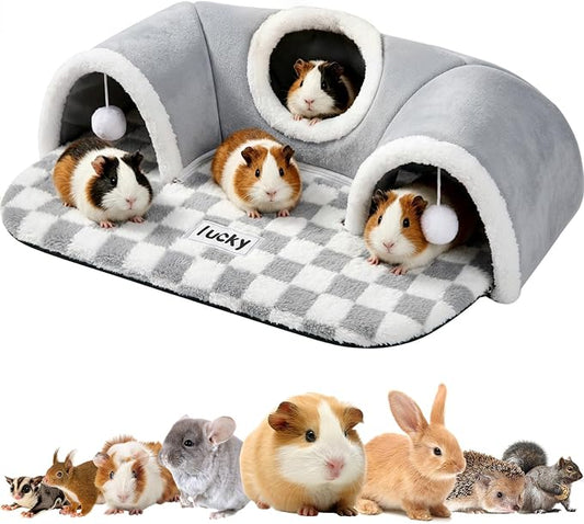 Extra Large Guinea Pig Hideout Tunnel, 3-Cave Small Animal Tunnel for Play Tube Toys Mat, Pet Tunnel for Dwarf Rabbits Bunny Chinchillas Hamsters Hedgehogs Ferrets,Grey, 22.05" × 16.14"× 5.51"