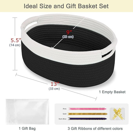 Small Woven Basket with Gift Bags and Ribbons, Empty Baby Gift Baskets for Kids Women Men, Shelf Storage, Small Cat Dog Pet Toy Boxes, 13”x 9”x 5.5”, Black