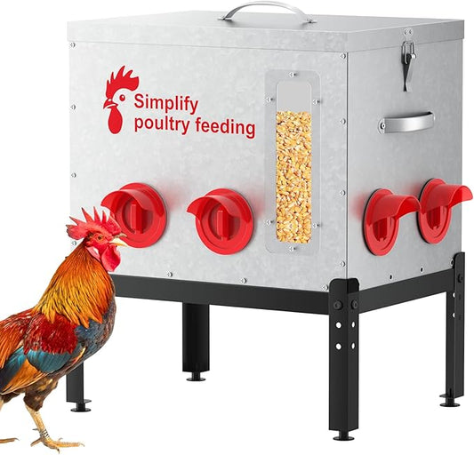 Hiqufet 55 lb Large Automatic Chicken Feeder with Window, 7 No-Waste Ports – Outdoor Metal Chicken Feeders with Adjustable Stand, Rodent-Resistant Design & Riveted Handles for Chicken, Ducks & Poultry