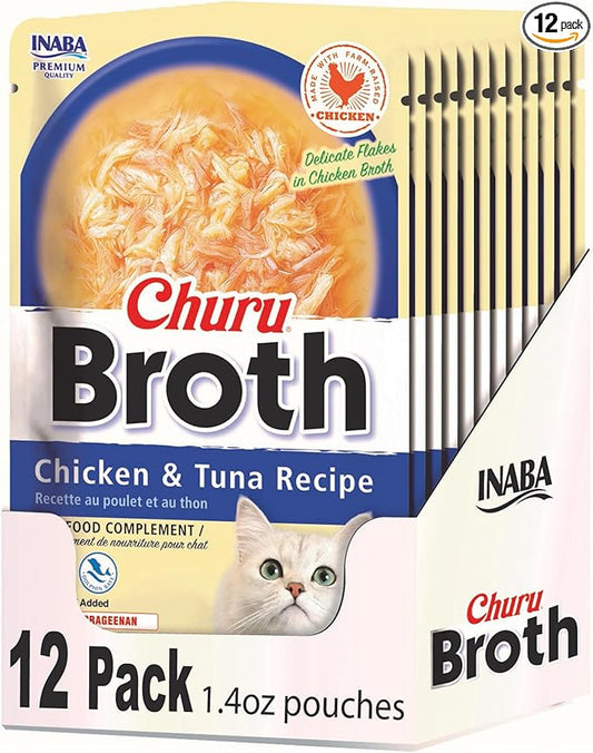 INABA Churu Broth for Cats, Side Dish Pouch, 1.4 Ounces per Pouch, 12 Pouches, Chicken & Tuna Recipe