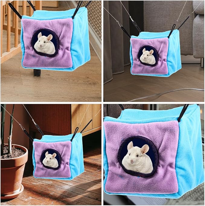 YARNOW Small Animals Cage Double-Layer Hanging Hammock with Cube Hideout, Soft Cotton Warm Bed for Squirrels, Ferrets, Hamsters, and Parrots, Comfortable Pet Sleeping Nest