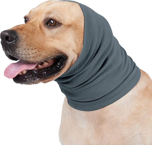 Meifsou Calming Hoodie for Dogs - Stretchy Dog Ear Cover, No Shake Anxiety Head Wrap Quiet Ears, Pet Snoods for Thunder, Lightning, Fireworks, Vet Visits, Grooming, Rabbit Plush Fabric, Light Blue S