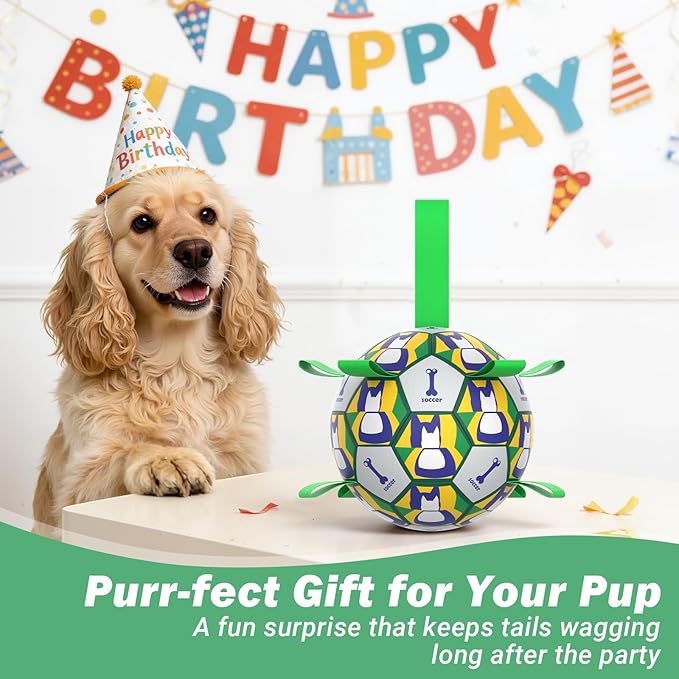 Dog Toy Balls, Dog Soccer Ball with Straps, Interactive World Cup Soccer Ball for Medium Dogs, Water Fetch Toys, Tug-of-War, Herding Ball Toys Outdoor, Dog Birthday Toy, Green (6 Inch)
