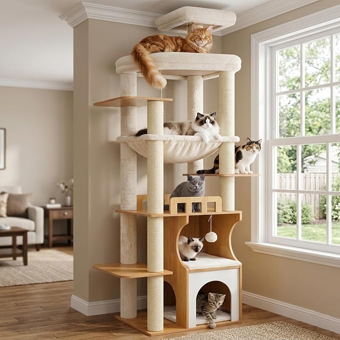 Gitelsnour Cat Tree, 70.9 Inch Wood Cat Tower for Large Cats Adult, Modern Cat Furniture with Double-Layer Wooden Cat Condo, 2 Platforms, Large Hammock and Scratching Posts, Walnut GCT102WB