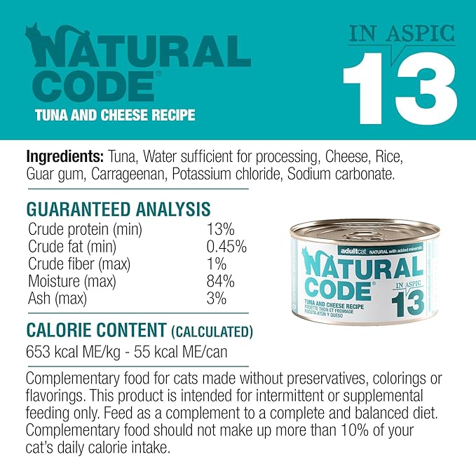 Natural Code - 24 Pack Wet Cat Food, Limited Ingredient Cat Food, High-Protein, Non-GMO, No Artificial Additives, Made in Italy, Tuna and Cheese in Broth for Adult Cats, 3 oz