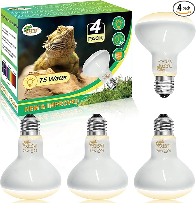Pack of 4 UVA Heat Light Bulbs - 75W Reptile Basking Light Bulbs for Bearded Dragons, Geckos, Iguanas, Lizards, Amphibians & Small Pets