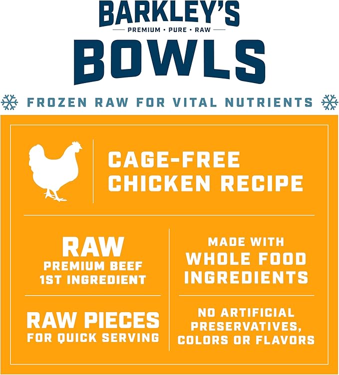 Barkley’s Bowls, Frozen Raw Chicken Dog Food, Fresh Whole Food Ingredients, Cage-Free Chicken, Grain Free, Dog Food Toppers, Human Grade Ingredients, All Dog Breeds, Ages, & Sizes, 4 lb Bag (1 Pack)