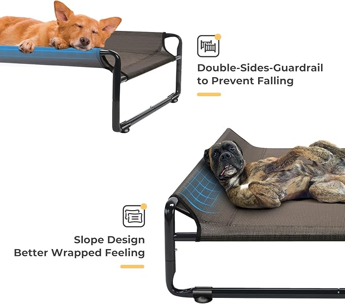 Veehoo Outdoor Elevated Dog Bed,Raised Dog Beds for Large Dogs, Washable Dog Cot with Headrest Sides, Non-Skid Feet, Breathable Mesh, Cooling Pet Hammock for Indoor or Camping, 42", Brown