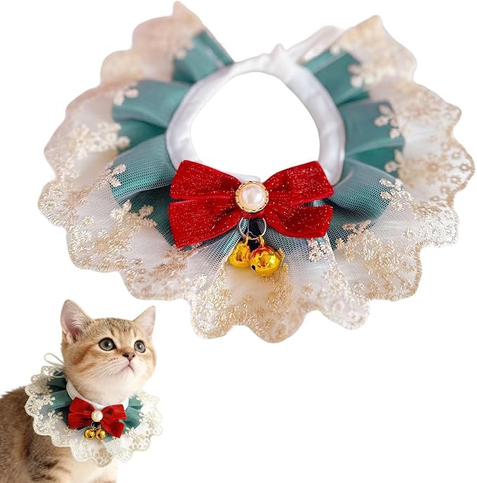 Elegant Lace Cat Collar with Cute Bow,Cat Collar with Bow Tie,Pet Lace Bib Collar with Cute Bow,Cat Princess Costumes,Green Champagne,1 Piece ﻿