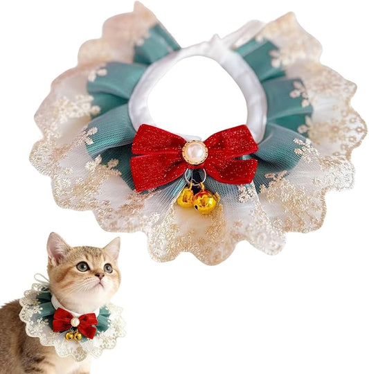 Elegant Lace Cat Collar with Cute Bow,Cat Collar with Bow Tie,Pet Lace Bib Collar with Cute Bow,Cat Princess Costumes,Green Champagne,1 Piece ﻿