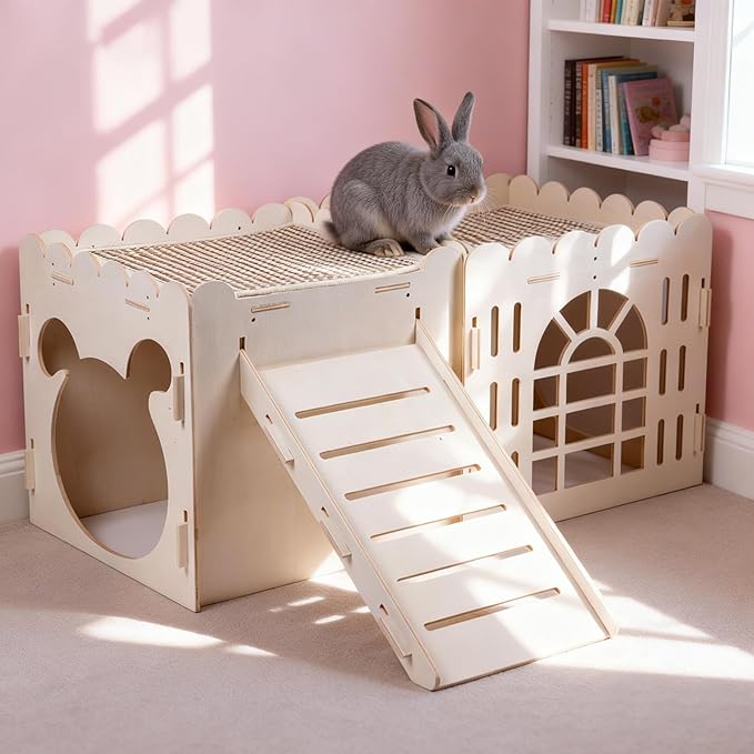 Large Rabbit House with 2PCS Rabbit Scratch Mat, Wooden Bunny Castle with 3 Houses Indoor, Guinea Pig Cage Multistory Climbing Tower Sturdy Wooden Castle, Small Animal Hideaway Tunnel
