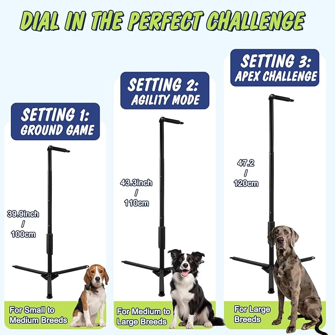 Outdoor Tug of War Dog Toy with Reinforced Tripod Base - Heavy Duty Iron 360° Interactive Tether Tug Toy for Backyard Solo Play - Adjustable Spring Pole Rope System for All Breeds