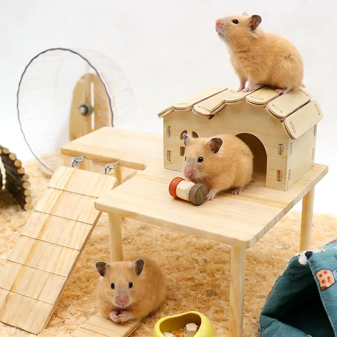 2 Pcs Wooden Hamster Platform Set, Hamster Wooden House Hideout, with Detachable Ladder Bridge, Climbing Toys, Cage Accessories, Small Animals Habitat Decor for Rat Gerbils and Other Small Pets