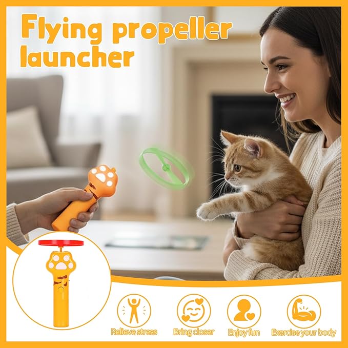 Cat Fetch Toy, Rechargeable Flying Disc Launcher Toy with 6 Flying Discs, Cat Toy Launcher, Flying Bird Cat Toy, Cat Interactive Toys for Outdoor and Indoor (White)