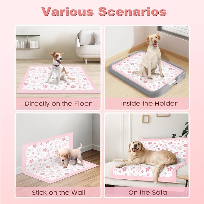 MIZOK Puppy Pads 22x22in Pee Pads for Dogs with Cherry Blossom Pattern 6 Layer Super Absorbent for Up to 4 Cups Dog Pee Pads Leak-Proof Dog Pads for Small Dogs, Puppies, Doggie (28x34in | 40Ct-Pink)