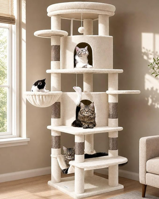 Globlazer Corner Cat Tree for Large Cats, 66inch Tall Curved Series Large Cat Tower for Multiple Indoor Cats with 6 Scratching Posts, 2 Spacious Cat Condos, Hammock, Hanging Basket, C66, Beige