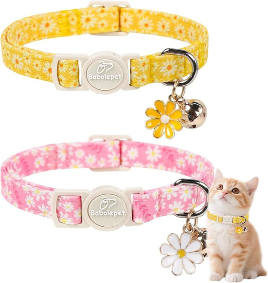 2 Pack Daisy Cat Collars - Cute Pink & Yellow Daisy Breakaway Cat Safety Collars, Adjustable Floral Kitten Collar for Small Dogs Puppy, Spring Summer Pet Collar with Bell & Pendant,