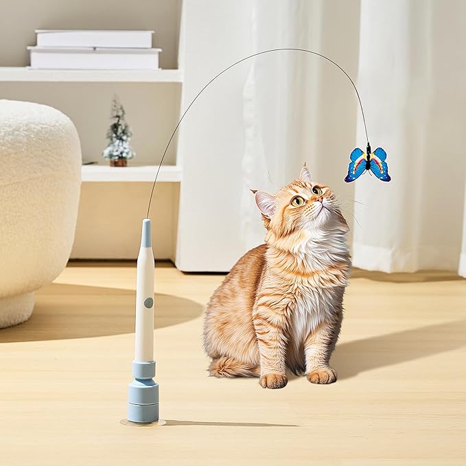 Electric Butterfly Cat Wand – 360° Spinning Self-Play with 2 Modes & Tap-to-Awake, Rechargeable Cleanable Suction Base, 3 Butterfly Refills – Interactive Cat Toys for Indoor Cats