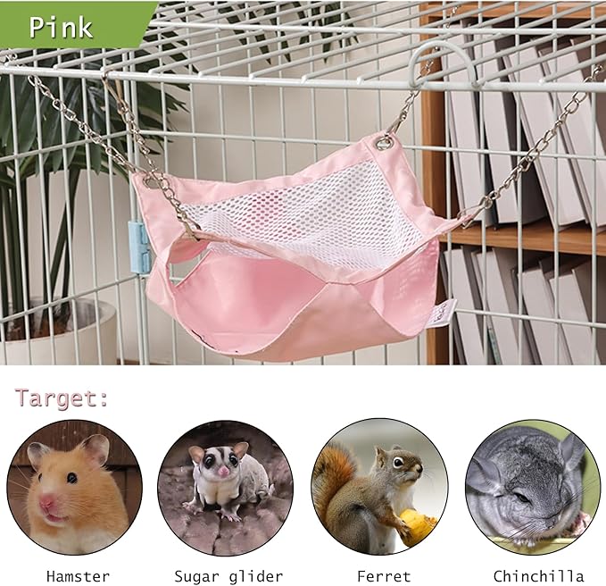 SEIS Waterproof 2 Layers Sugar Glider Mesh Hammock Summer Hamster Sleeping Nest Small Animal Hanging Bed for Guinea Pig House Bedding Squirrel Rat (Pink, 7.9"x7.9")