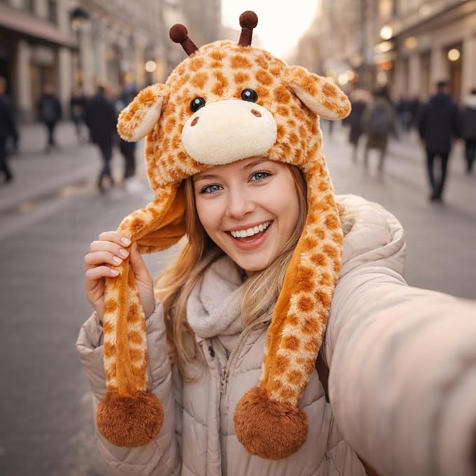 Bubblepompom Animal Hat with Ears Moving Jumping Pop Up Beating Hat Plush Holiday Cosplay Dress Up Funny Gift for Kids