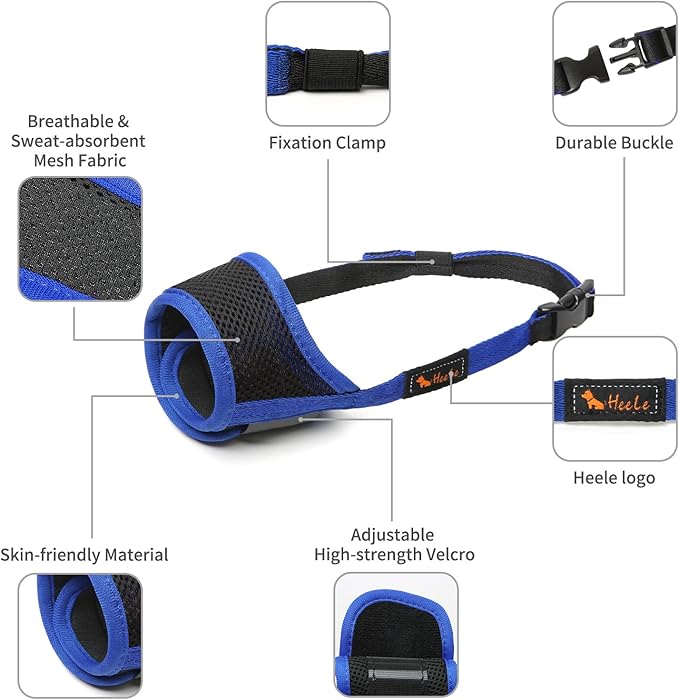 HEELE Dog Muzzle,Soft Nylon Muzzle Anti Biting Barking Chewing,Air Mesh Breathable Drinkable Adjustable Loop Pets Muzzle for Small Medium Large Dogs 4 Colors 4 Sizes (Blue, M)