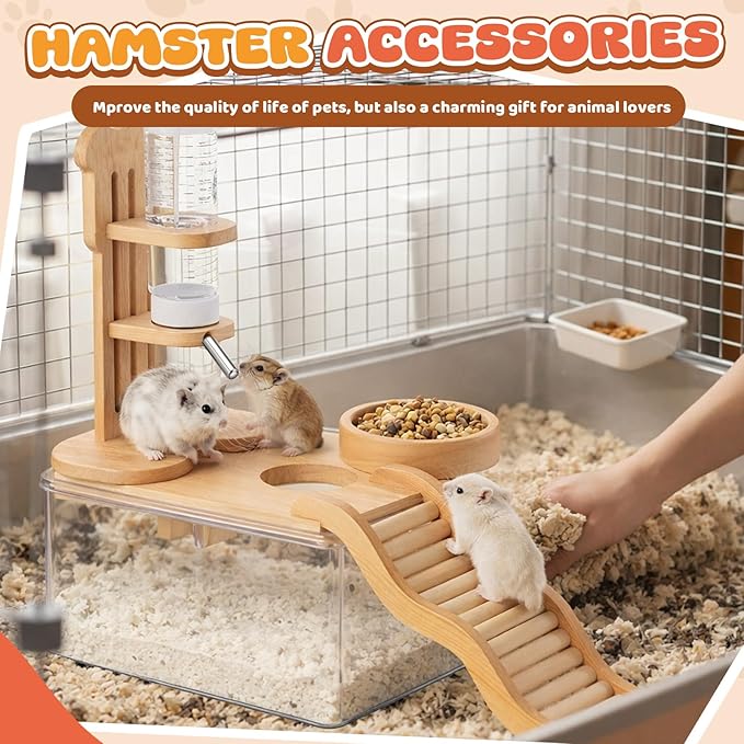 4 Pcs Hamster Cage Accessories Acrylic Sand Bath Box Feeding Bowl Water Bottle Set Hamster Climbing Toy Wooden Ladder Bridge Set for Rat Mice Small Animals Habitat(Rectangle)