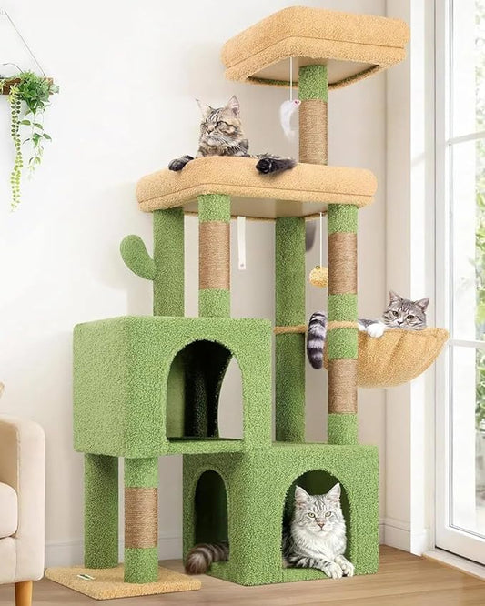 Globlazer Cactus Cat Tree Condo Tower for Indoor Cats, 52in Multi-Level Cat Scratching Tree with 2 Cat Condos, 5 Sisal Scratching Posts, 2 Padded Perches, Sturdy Basket, Widened Base, S52, Green