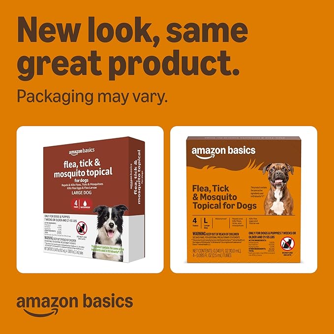 Amazon Basics Preventative Flea, Tick & Mosquito Topical Treatment for Large Dogs (21-55 Pounds), Kills Fleas, 4 Count, Packaging May Vary