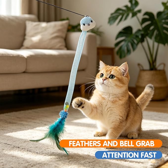 Cat Feather Toy 4 Pack – Interactive Bell & Pom-Pom Snake Stick for Indoor Play, Exercise, and Hunting Fun for Cats