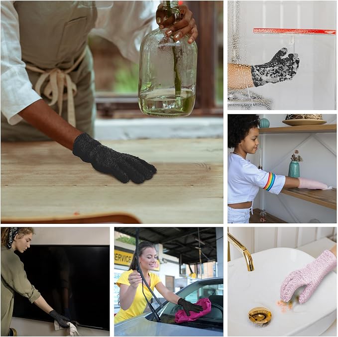 Patelai 2 Pairs Microfiber Gloves for plants Dusting Cleaning Glove Mittens House Cars Blinds Dusting(Black, Pink,Large)