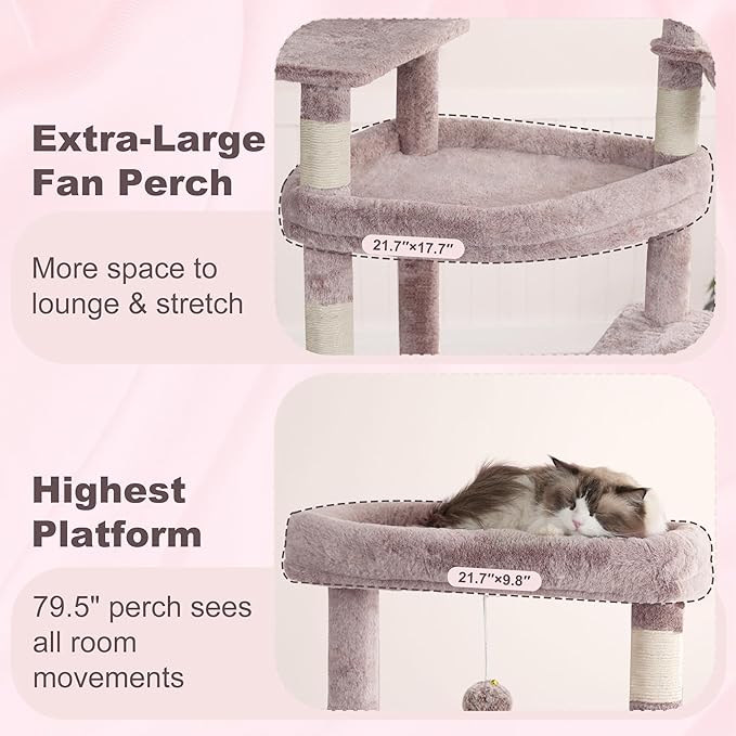 Heybly Tall Cat Tree for Large Cat, 80-inch Multi-Level Cat Tower for Indoor Cats with Large Baseboard, Condo Furniture with 2 Widened Plush Perches,Scratching Board and Big Caves, Muchroom HCT038MU