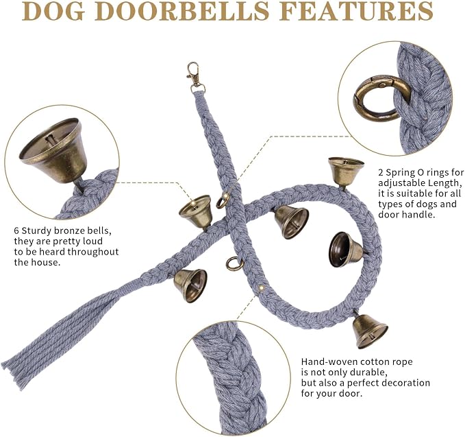 KLOGTSIND 2 Pack Dog Bells for Door Potty Training, Handwoven Cotton Rope Dog Doorbell with 6 Extra Loud Bells, Adjustable Dog Door Bells for Small Medium Large Dogs to Ring to Go Outside, Grey