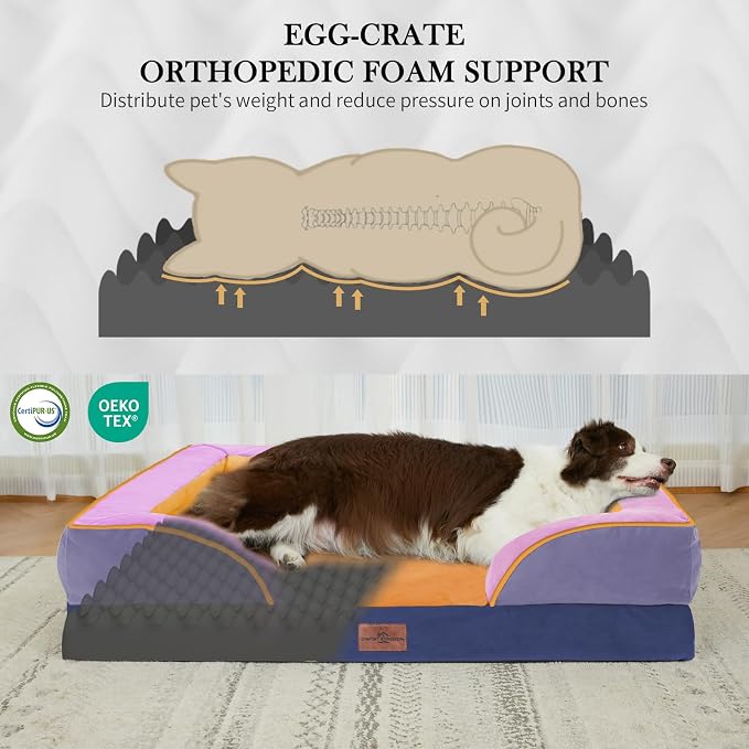 Comfort Expression Orthopedic Dog Bed for Extra Large Dogs with Bolster | Waterproof Dog Couch Bed with Washable Cover & Non-Slip Bottom, Supportive Egg Crate Foam XL Pet Bed, 45x35 Inch