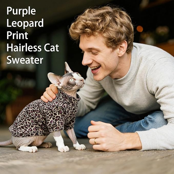 Sphynx Cat Sweater Hairless Cat Clothes Sweater Shirt Soft Warm Long Sleeves Pullover Pet Clothes Pajamas Dog Cloth for Small Dogs Jumpsuit Pet Sweaters (Purple Leopard, XX-Large)