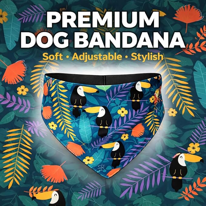 Luxury Satin Dog Bandana – Slip-On Collar Style, Premium Pet Scarf for Medium, Large & XL Dogs – Special Occasion Accessory (Collar Not Included) (Medium - Extra Large, Toucan (J) Luxe - Satin)