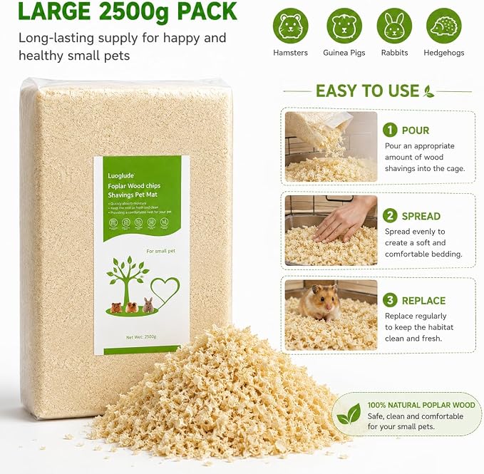 88oz Natural Aspen Wood Pet Bedding – Low Dust, Odor Control & Ultra Absorbent Shavings for Hamsters, Parrots, Guinea Pigs & Small Animals