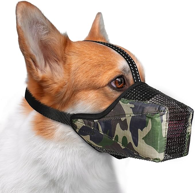 Mesh Dog Muzzle, Breathable Soft Dog Muzzle with Reflective Straps for Secure Fit, Prevents Biting, Chewing Scavenging- Adjustable for Small Medium Large Dogs,Camo,S