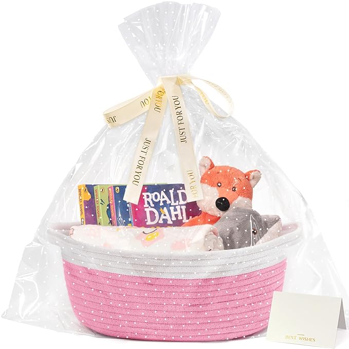 CHICVITA Pink Baskets for Gifts Empty, Gift Basket for Mom, Baby Gift Basket for Diapers, Cotton Rope Basket for Decor, 12"x 8"x 5"