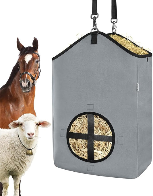 Hay Bags,Slow Feed Hay Bags for Horses,Goats,Donkeys with Reinforced Oxford Fabric and High Strength Metal Clasp,Horse Feeding Supplies with Strap for Easy Hanging (1 Grey)