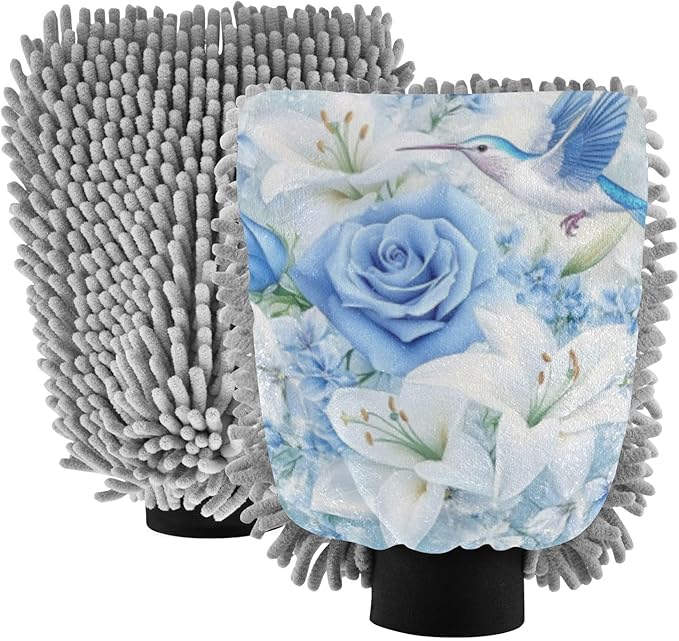 Car Wash Mitt Microfiber Wash Mitts for Car Washing Scratch-Free Cleaning Gloves Soft Non Absorbent Chenille Auto Hand Mitt Medium 2Pack White Lily Blue Roses Hummingbird White Snow