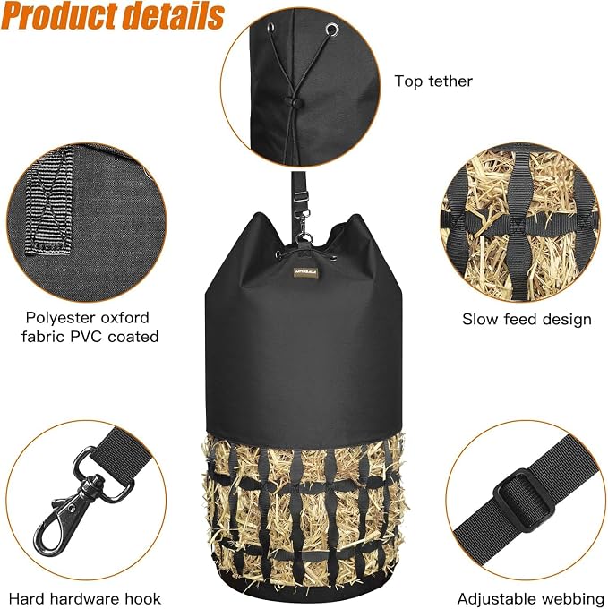 Hay Bags for Horses, Cylindrical Slow Feed Hay Bag with Rounded Diamond Nets Design for Goats,Horse,Donkey,Large Easy-Fill Top with Drawstring and Adjustable Strap
