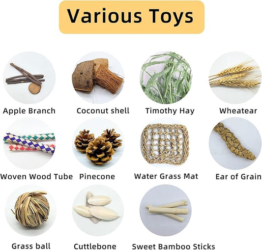 Hamster Chew Toy with Timothy Hay Grass Mat Coconut Husk Box for Guinea Pig Chinchilla Rat Hamster Bunny and Other Small Pets 12PCS (Large)
