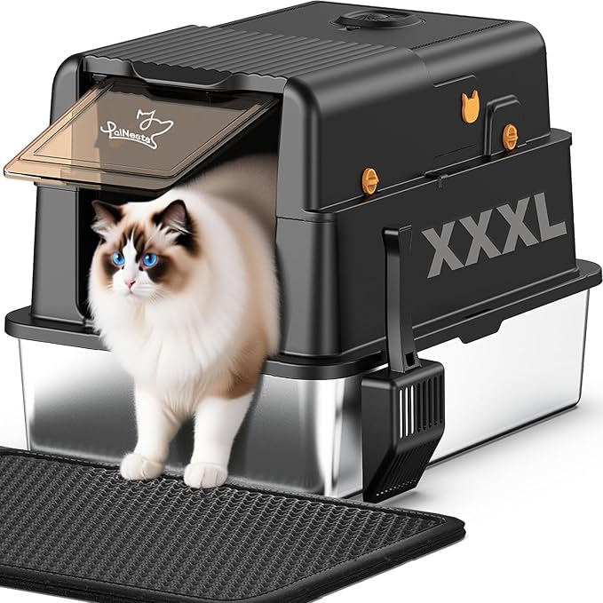 L8 Max-XXXL Stainless Steel Litter Box with Lid, 28" L x 20.5" W x 17.4" H Large Cat Litter Box for Big Cats, Cat Litter Deodorizer Included, High Sided Enclosure with Scoop & Mat, Anti-Leakage-Black